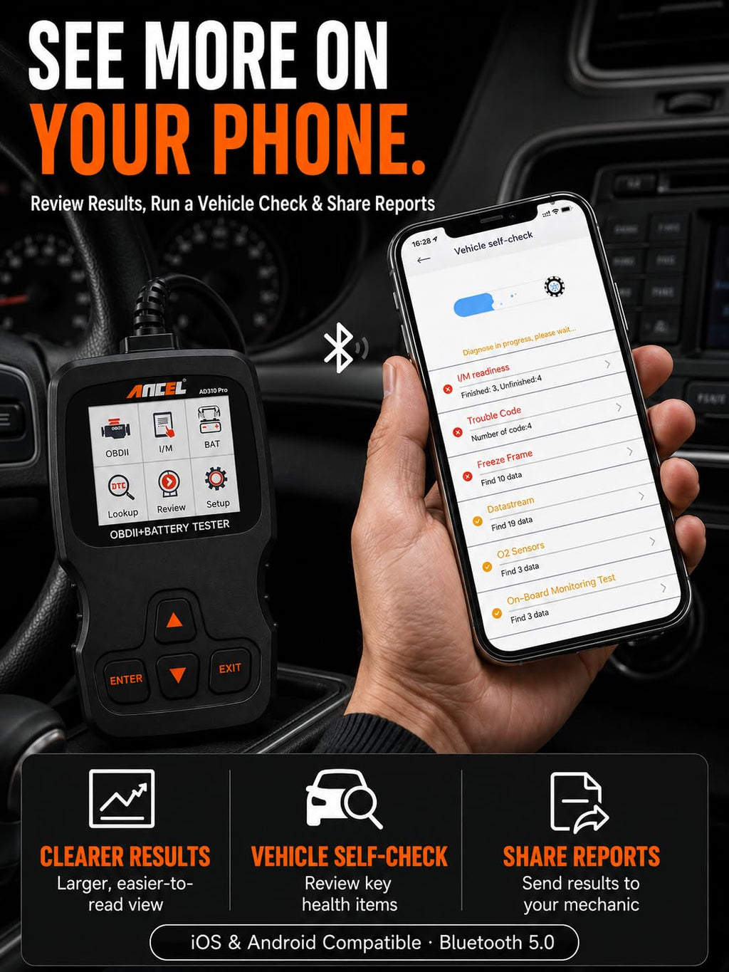 Bluetooth OBD2 Scanner and Battery Tester