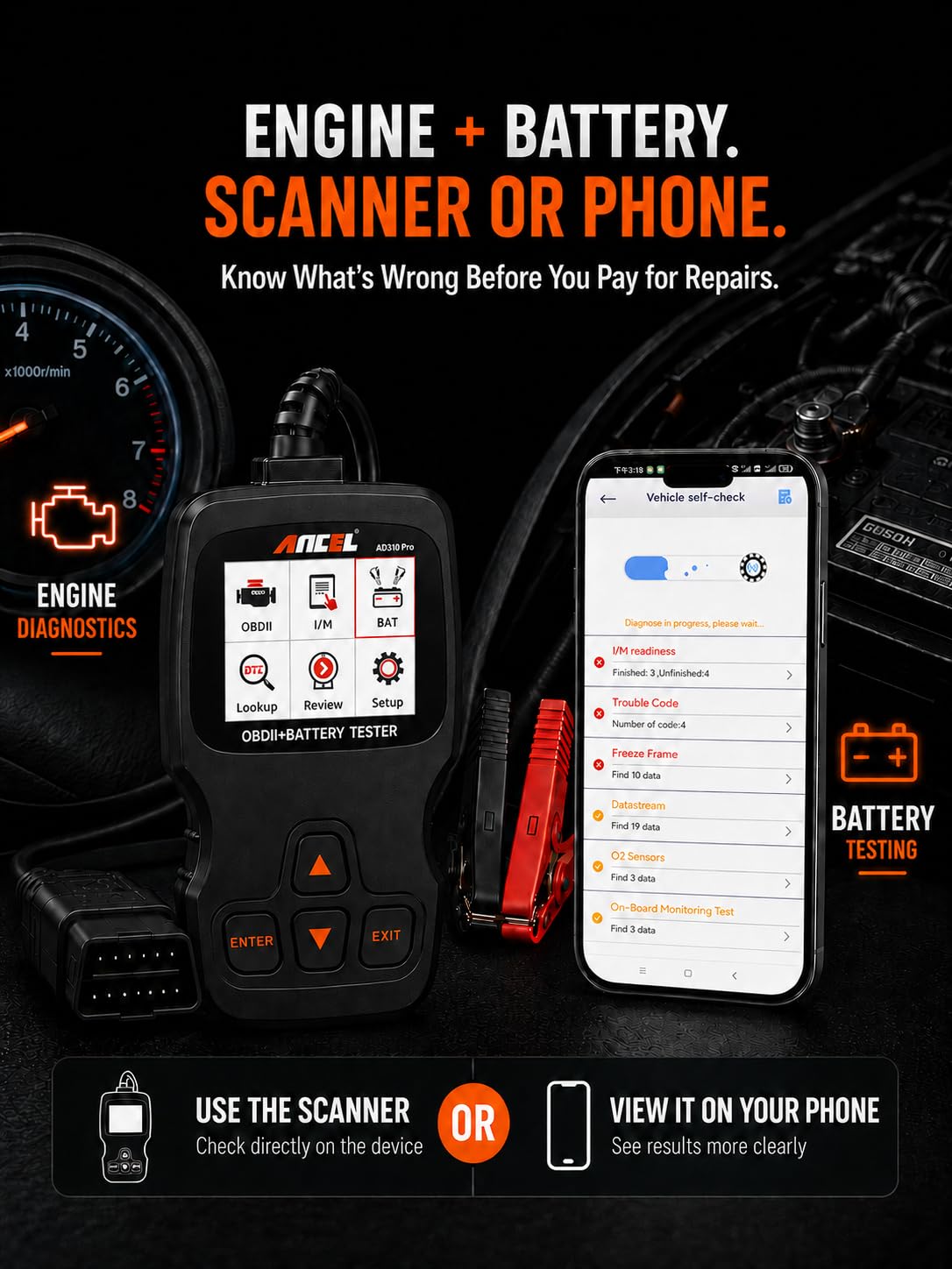 Bluetooth OBD2 Scanner and Battery Tester